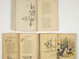 three open books with illustrations of people and animals on them