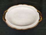 an image of a white plate with gold trim on a black background