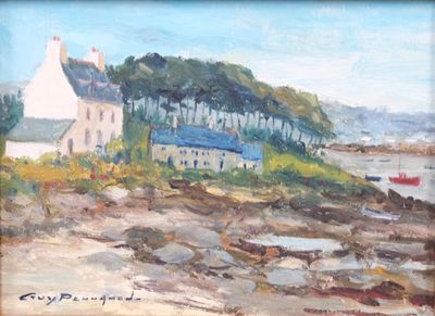 une peinture à l'huile représentant une maison sur un rivage rocheux, avec un bateau dans l'eau