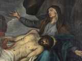 an image of a painting of jesus on the cross being carried by a woman
