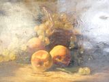 a painting of a basket of fruit with grapes and peaches
