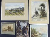 quatre aquarelles représentant des scènes rurales, notamment un moulin à vent, une église et une rivière