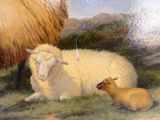 un tableau représentant un mouton et un agneau dans un champ