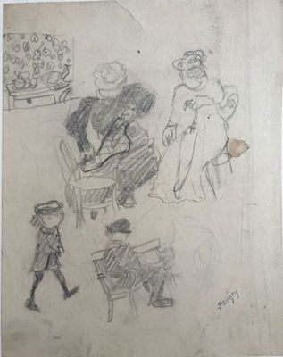 dessin d'un groupe de personnes assises autour d'une table dans une pièce