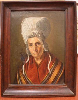 an old painting of a woman with a white hat and a red scarf