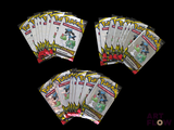 six packs of pokemon trading cards on a black background