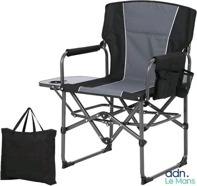 a close up of a folding chair with a tote bag