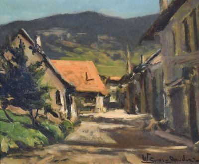 tableau représentant une rue d'un village, avec des maisons et une montagne en arrière-plan