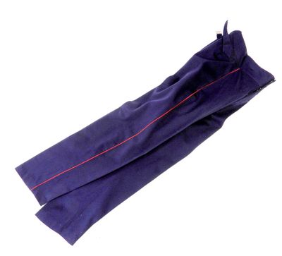 un pantalon violet orné de petits pois rouges sur fond blanc