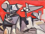 un tableau accroché au mur d'une pièce, sur fond rouge