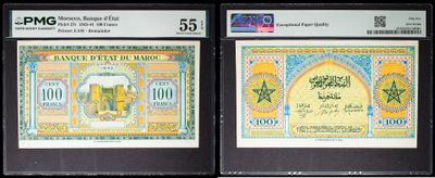two different types of currency are on display in a display case