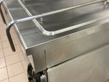 stainless steel counter top in a commercial kitchen with four burners on each side