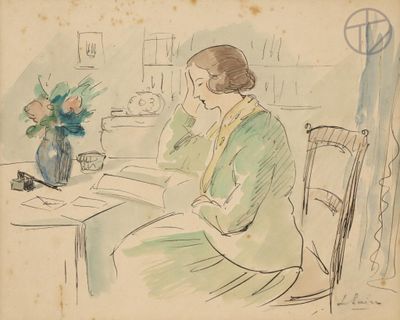 drawing of a woman sitting at a table with a book and a vase of flowers