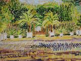 a painting of a garden with a fountain in the middle of it