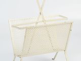 an image of a white metal basket with handles on a white background