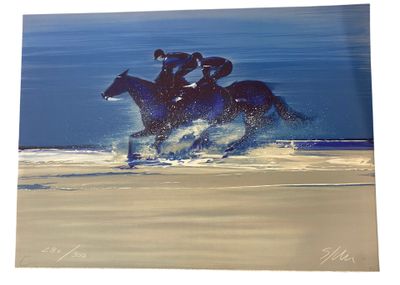 a painting of two people riding horses on the beach