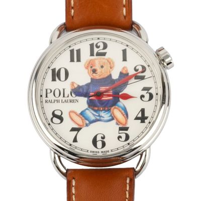 polo bear watch with brown leather strap and white dial