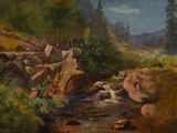 un tableau représentant un ruisseau de montagne traversant une forêt