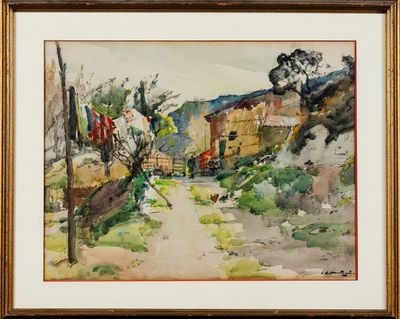 une image représentant une aquarelle d'une rue dans un village