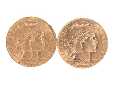Deux pièces de 20 Francs or de coq de 1907 et 1912 (usures). - Photo 1