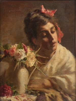 an image of a painting of a woman holding a vase of flowers