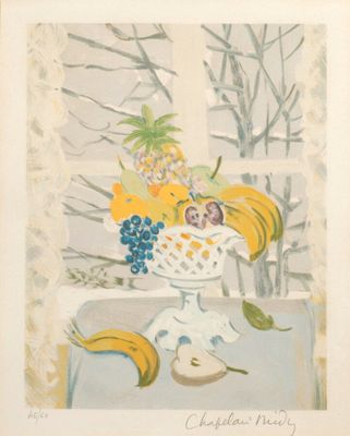 un tableau représentant des fruits dans un vase posé sur une table