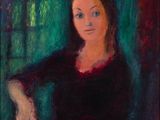 a painting of a woman sitting in a chair with her arms crossed