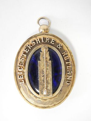 an image of a blue and gold medal with a clock tower in the center