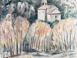 tableau représentant une église au milieu d'une forêt, avec un plan d'eau au premier plan