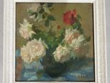 a painting of flowers in a vase on a table