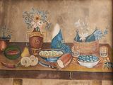 a painting of a table with a bowl of fruit and vegetables on it