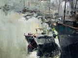 un tableau représentant des bateaux amarrés dans un port par temps nuageux
