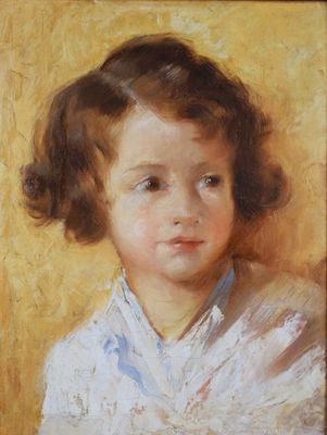 an oil painting of a little girl in a white shirt