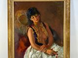 painting of a woman in a white dress with a gold necklace
