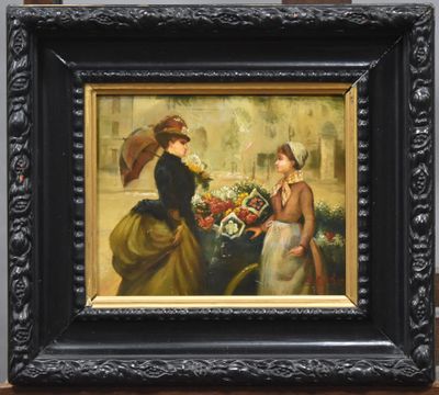 painting of two women with umbrellas and flowers in a black frame