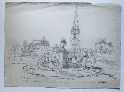 dessin au crayon représentant une fontaine avec un cheval et une calèche devant une église