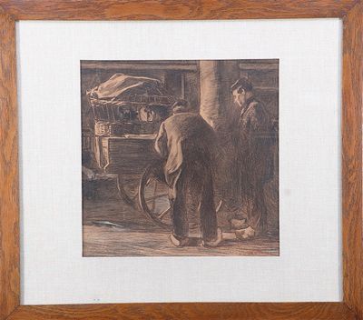 painting of a man standing in front of a horse drawn carriage