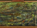 an oil painting of a forest scene with a bridge over a stream