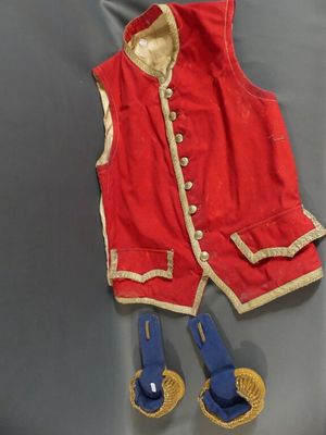 an image of a red vest and blue shoes on a gray surface