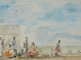 painting of a group of people standing in front of a white building
