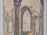 an image of a painting of a man kneeling in a ruined church