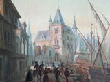 a painting of a city street with people walking on it