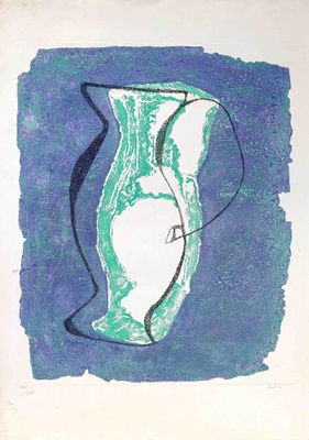 un dessin représentant un vase vert sur fond bleu