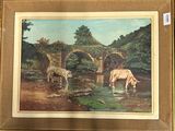a painting of two cows drinking water from a stream