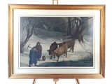 a picture of a painting on a easel with a picture of a man and a cow