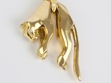a close up of a gold cat brooch with a diamond on it