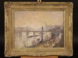 painting of a view of a city with a bridge in the background