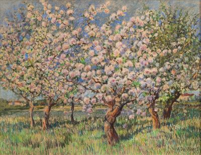 une peinture à l'huile représentant trois pommiers dans un champ herbeux