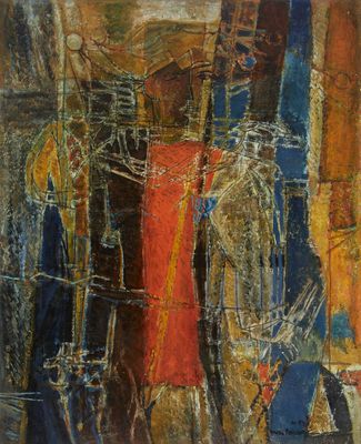 an abstract painting of a cityscape with buildings in the background