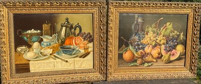 two paintings of fruit and a teapot sit on a ledge